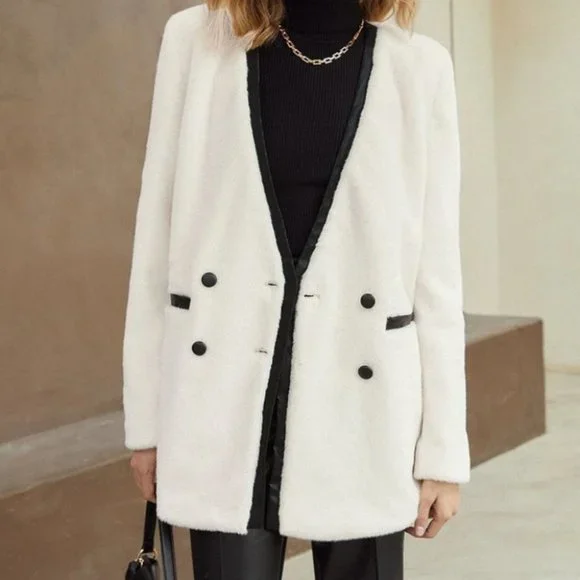 luxury faux leather detailed fuzzy jacket elegant - Picture 3 of 9